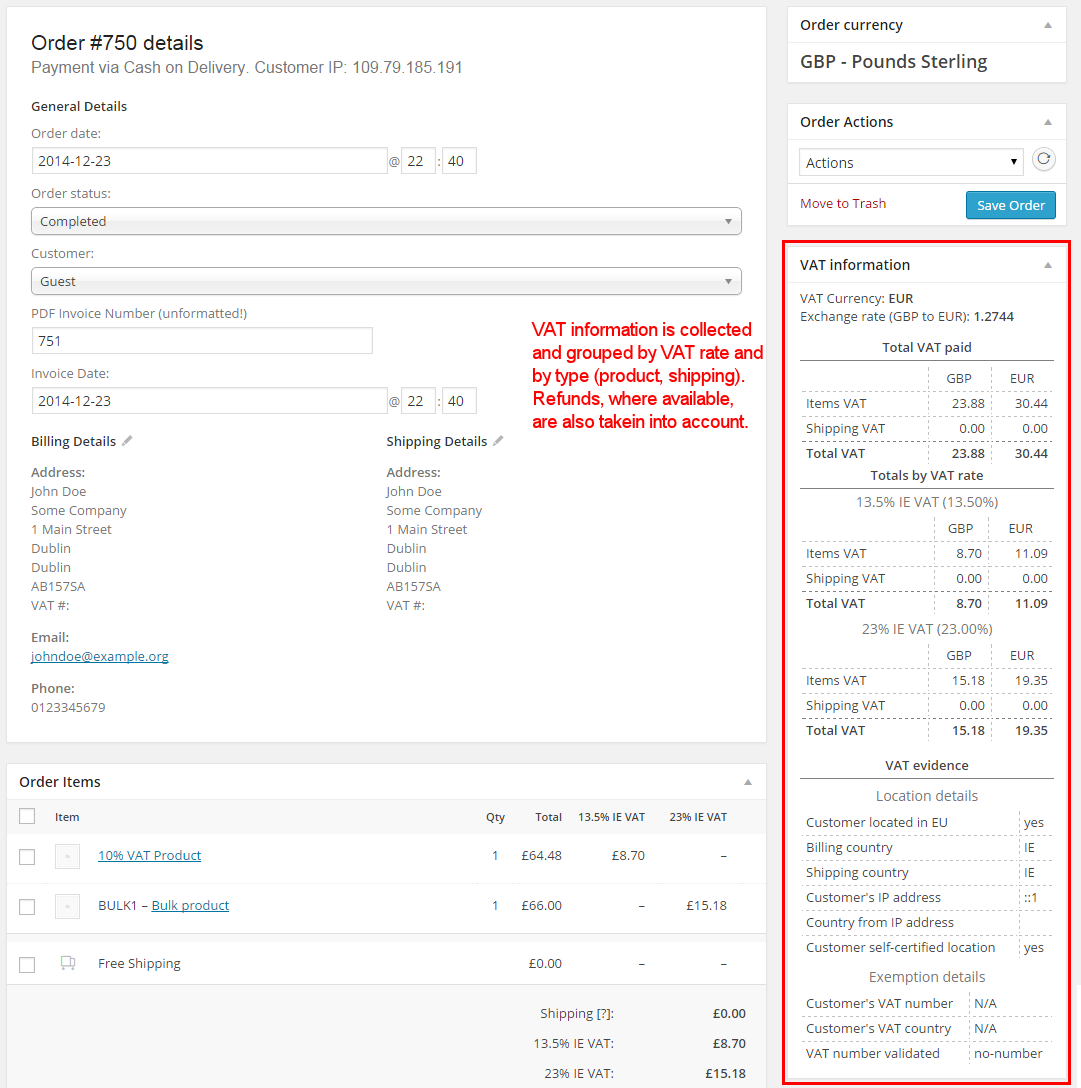 **Admin > WooCommerce > Tax Settings**. This screenshots shows the Tax Settings page extended by the EU VAT Assistant. The new user inerface allows to automatically retrieve and update the European VAT rates. It's possible to choose which VAT rates are applied in each page. Another important feature is the possibility to specify to which country a VAT will have to be paid. It will be possible, for example, to apply a *20% UK VAT* for services to a German customer who buys consultancy hours, and still keep track of the fact that such tax will have to be paid to HMRC (i.e. outside of MOSS scheme).