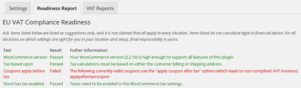 Compliance report, checking a number of common essentials for configuring your store correctly for VAT.