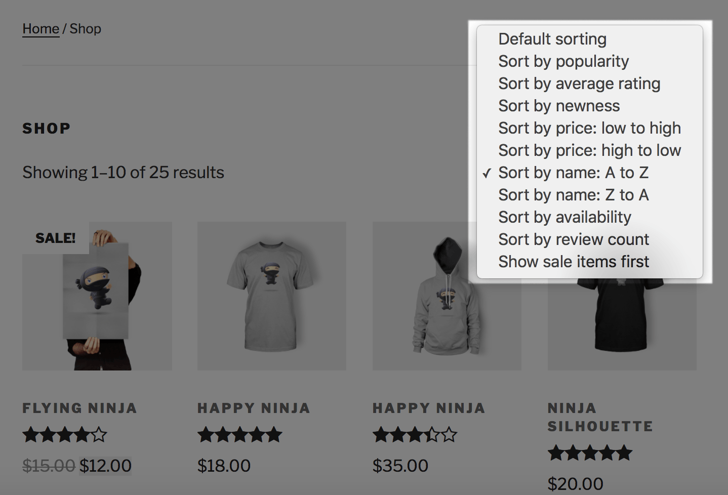 Some new sorting options on the shop page