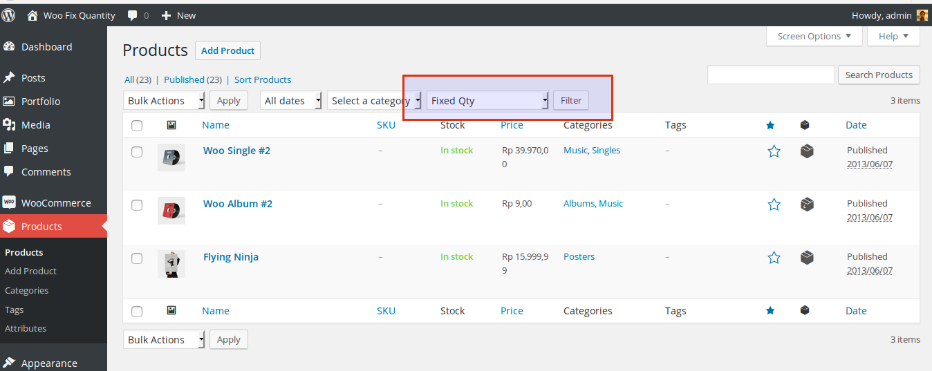 admin product filter