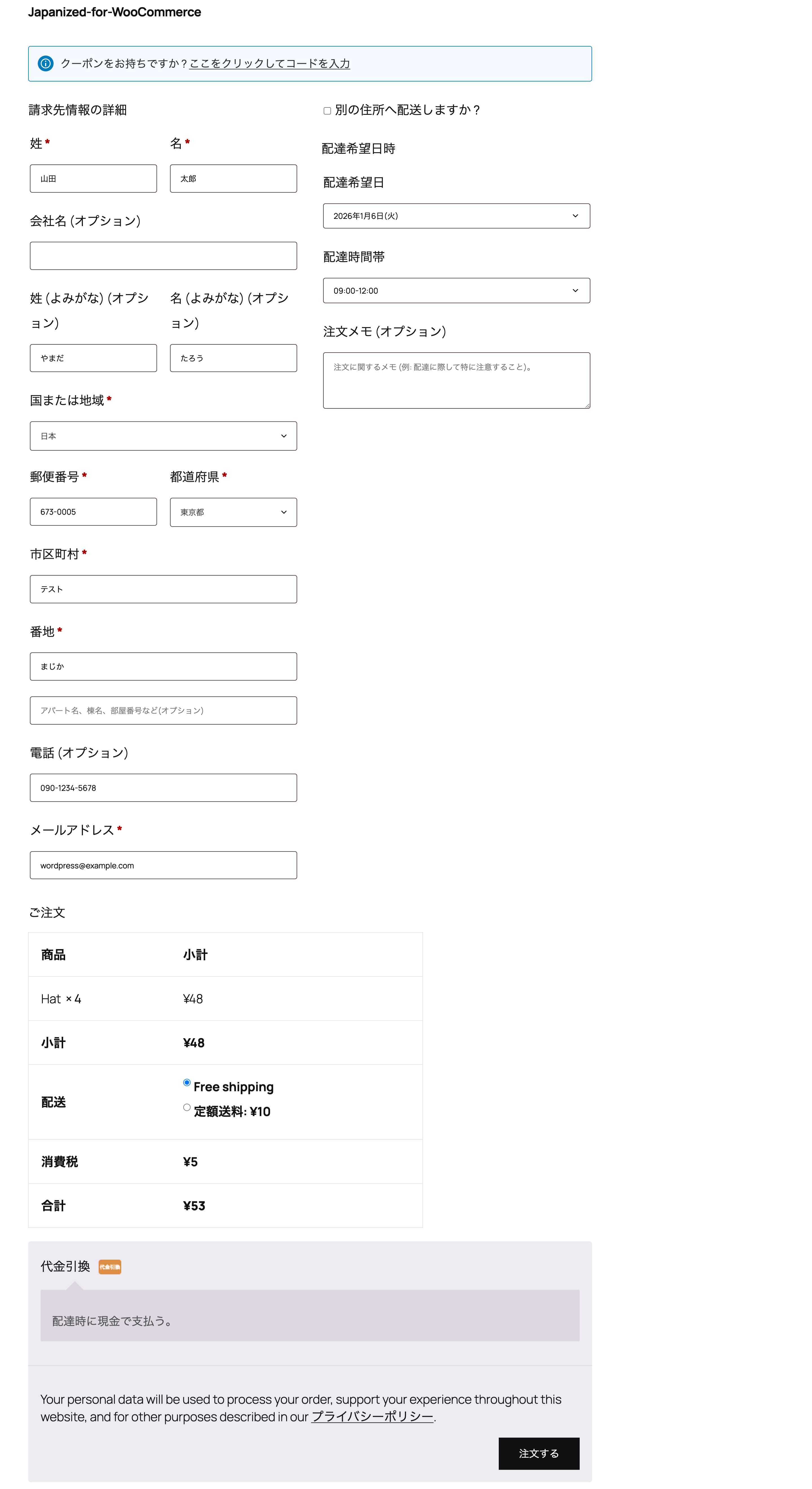 Classic Checkout - Traditional WooCommerce checkout page with Japanese localization features including address fields and delivery options.