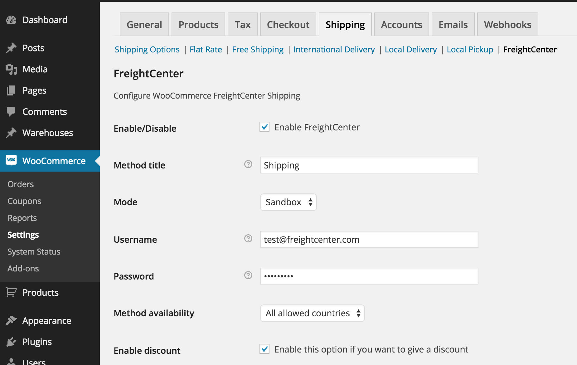 Freight Center settings in WooCommerce Shipping Tab