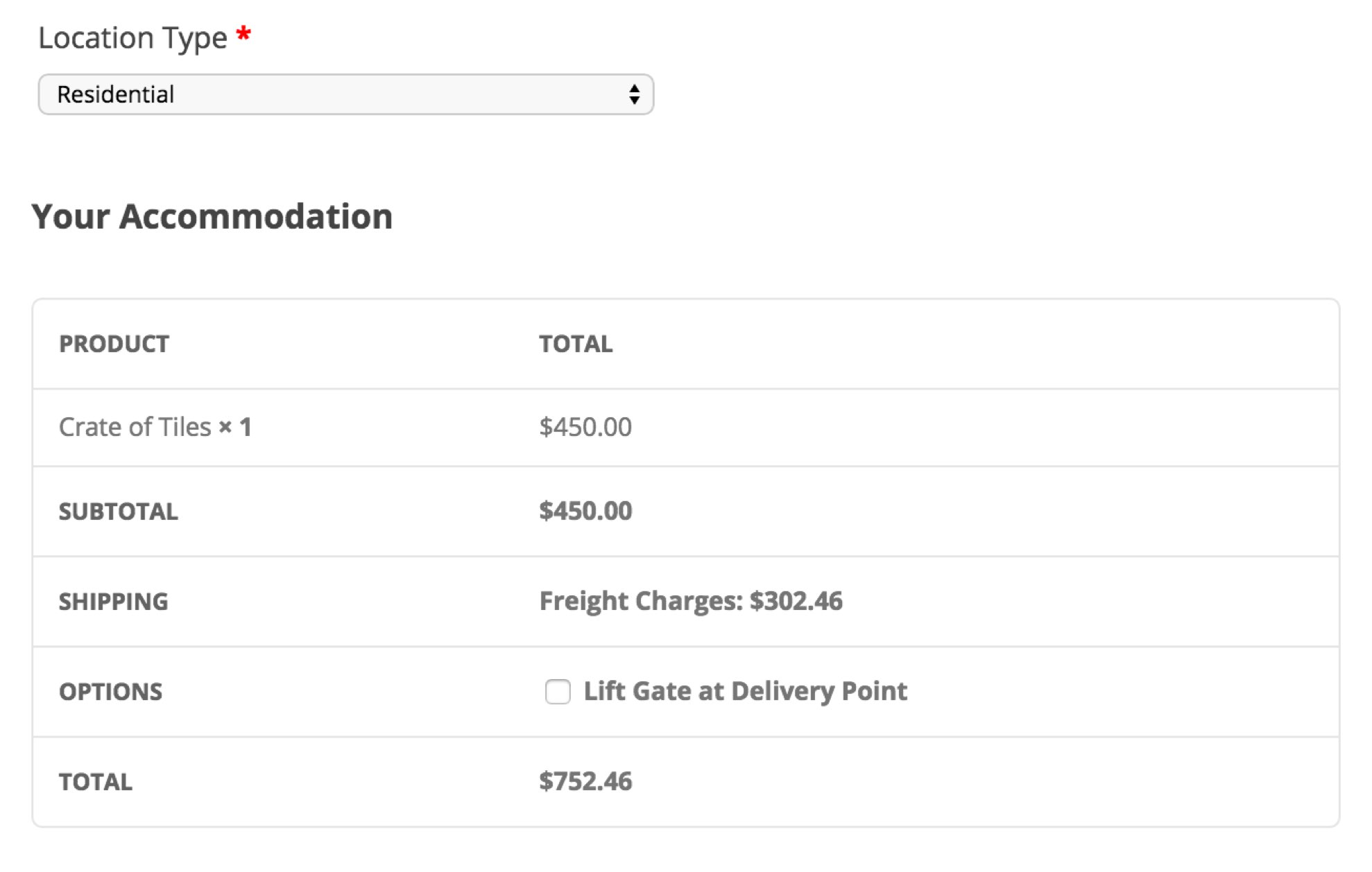Set destination type for shipment