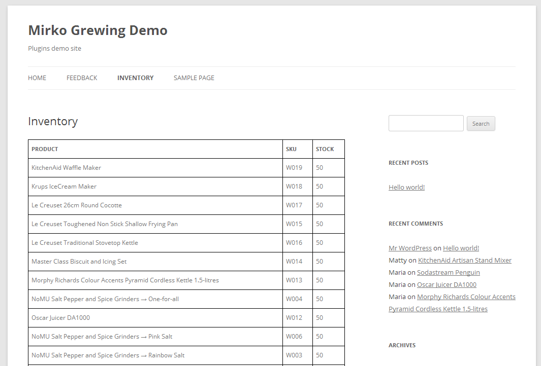 The inventory on a frontpage.