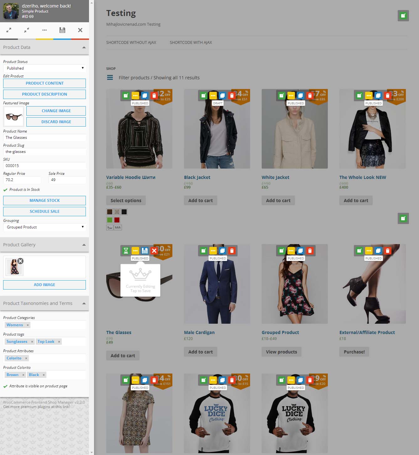 WooCommerce Frontend Shop Manager Live Manager UI