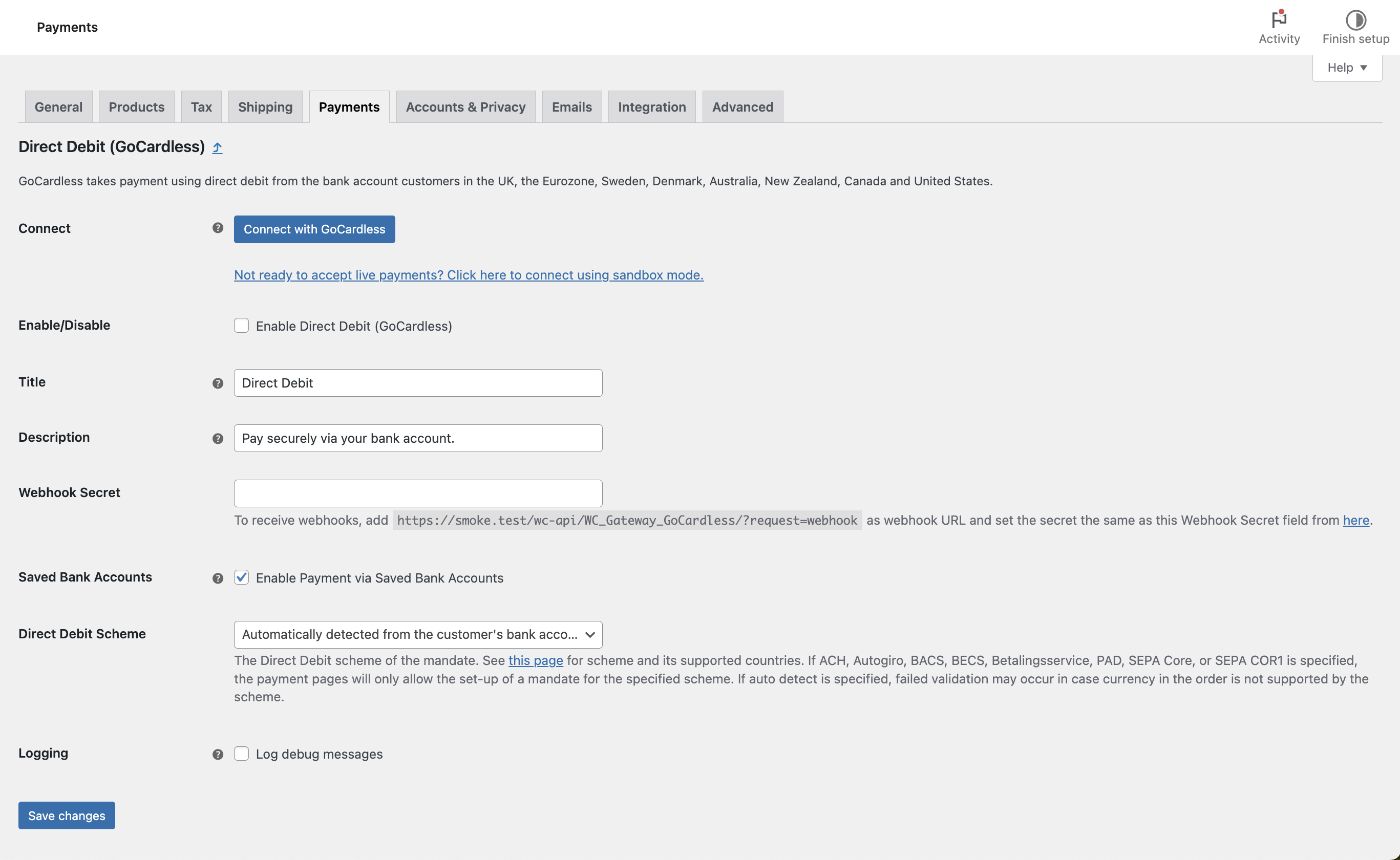 GoCardless settings screen showing the initial state.