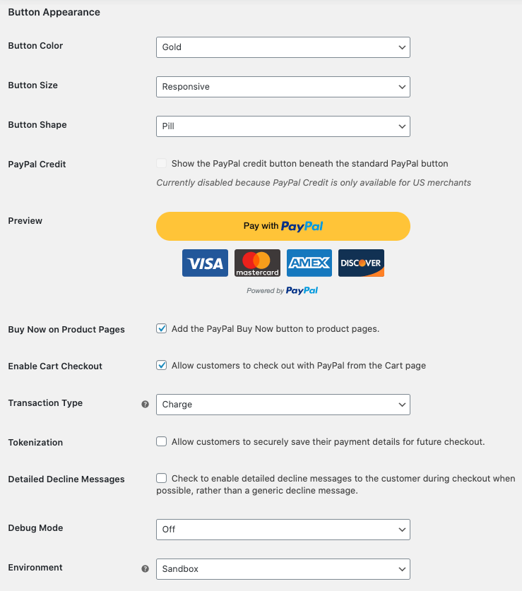 PayPal gateway settings
