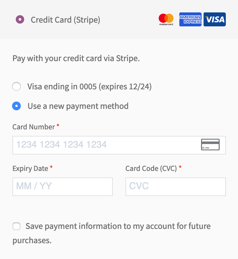 Pay with a saved payment method, a new card, and allow customers to save the payment card for future transactions.