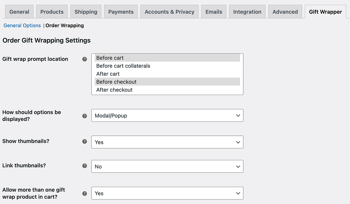 Screenshot of the Order Wrapping tab options