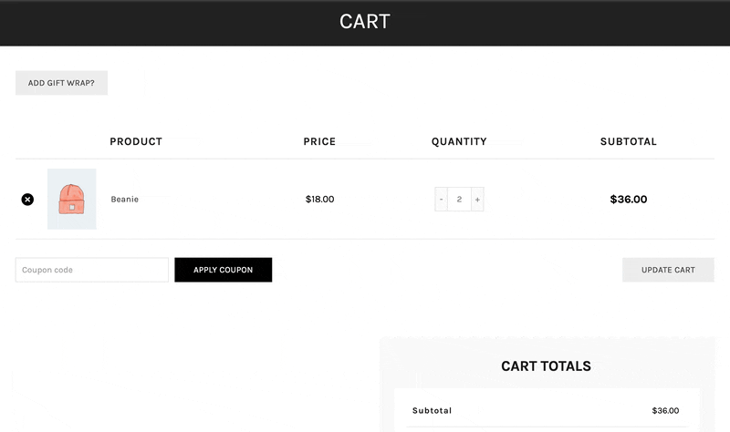 Animated GIF of cart, click of prompt causes gift wrap options to slide down