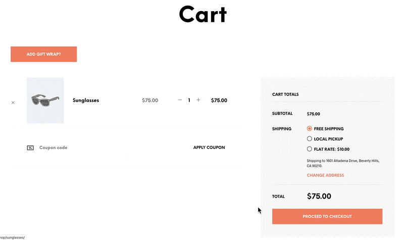 Animated GIF of cart, click of prompt opens modal pop-up window with gift wrap options