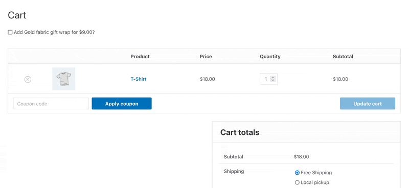 Animated GIF of checkbox gift wrap options clicked, causing add-to-cart