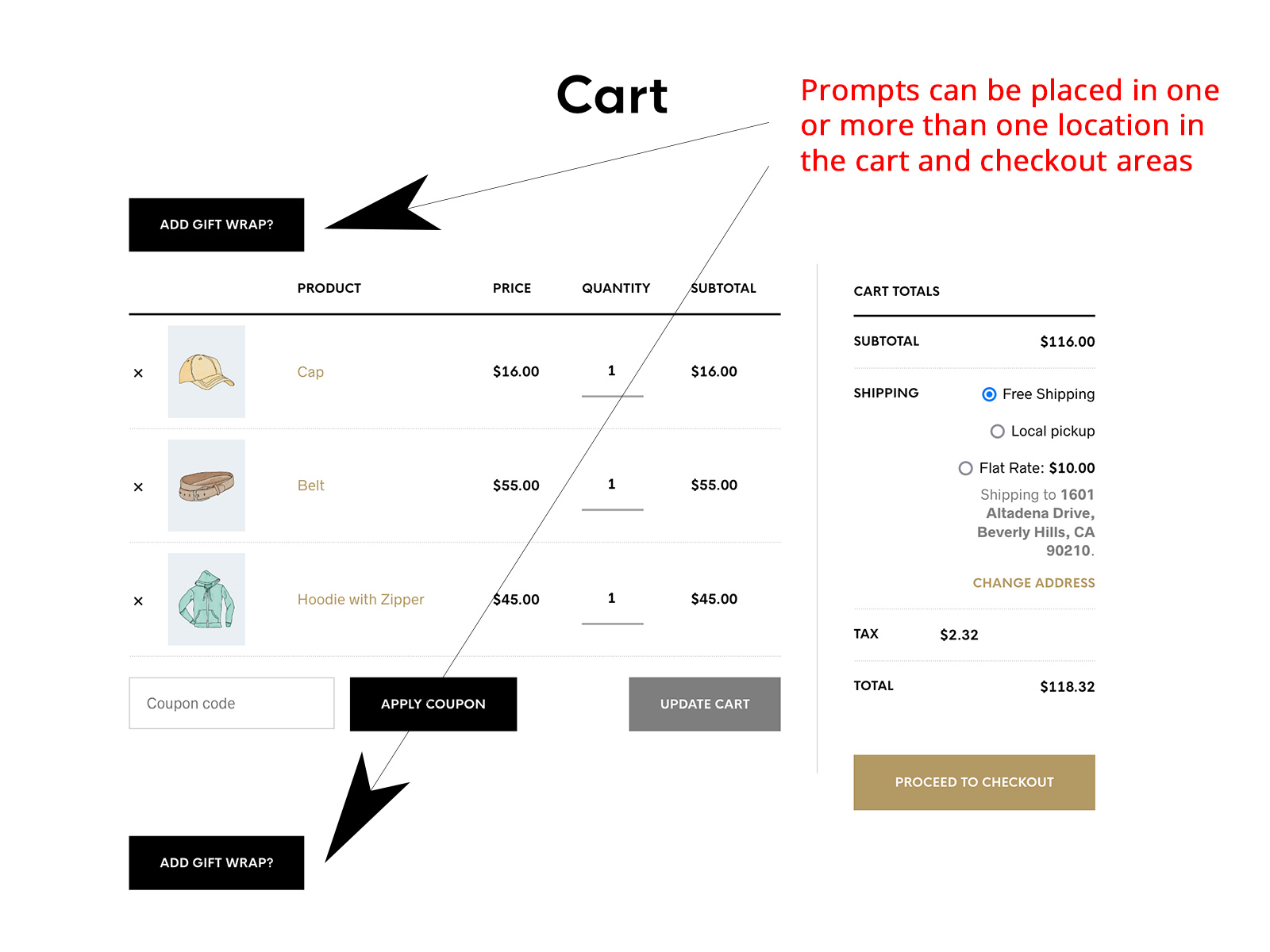 Cart with two prompt placements, before and after cart