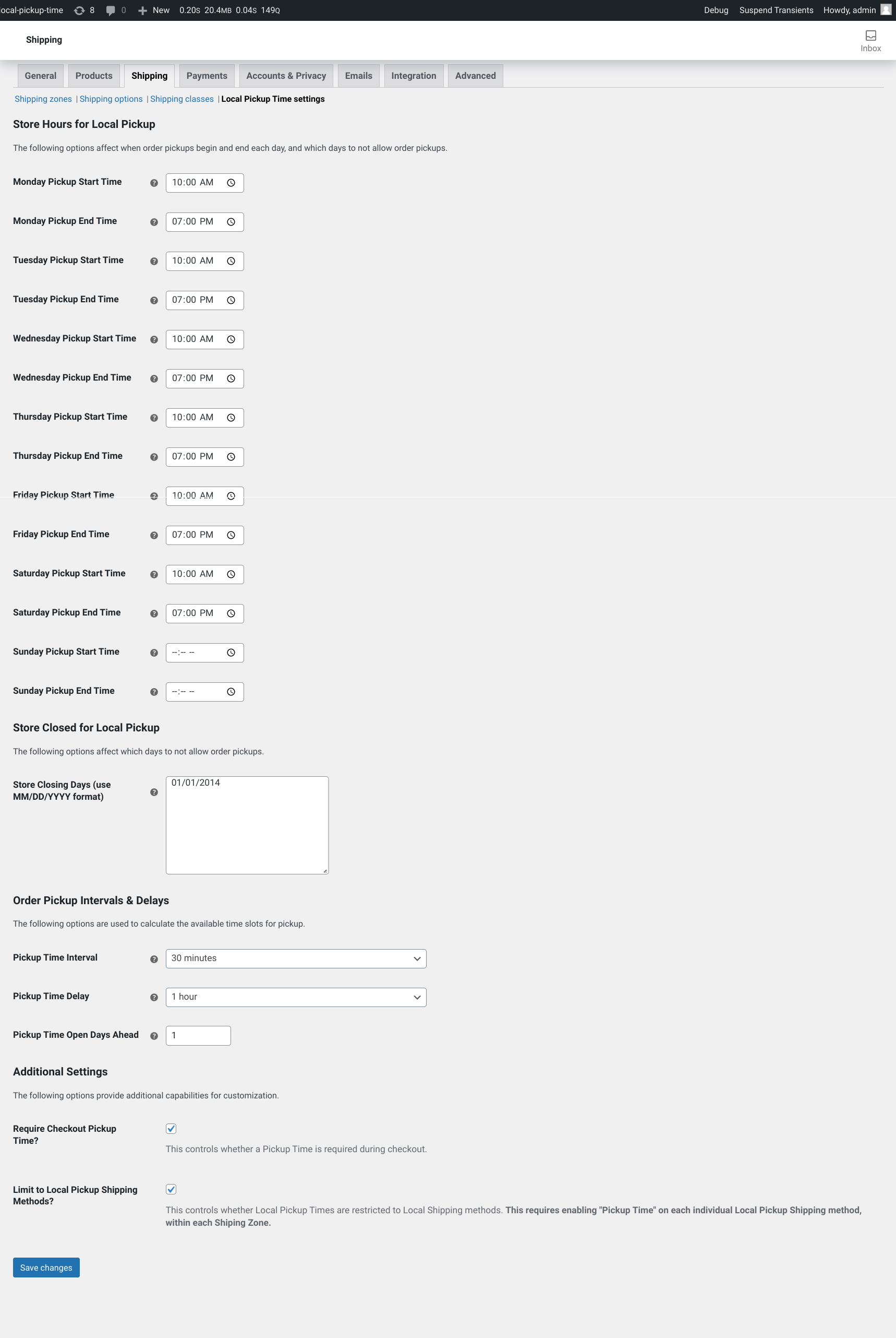 Shipping Settings -> Local Pickup Time Settings Screen