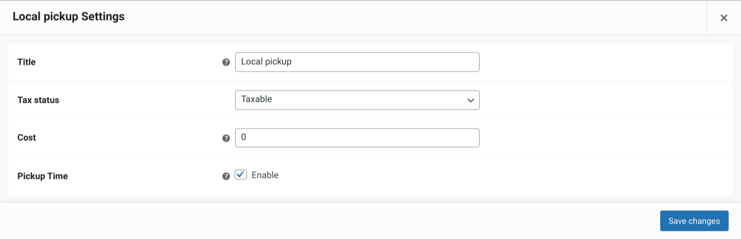 Local Pickup Shipping Method Settings Screen