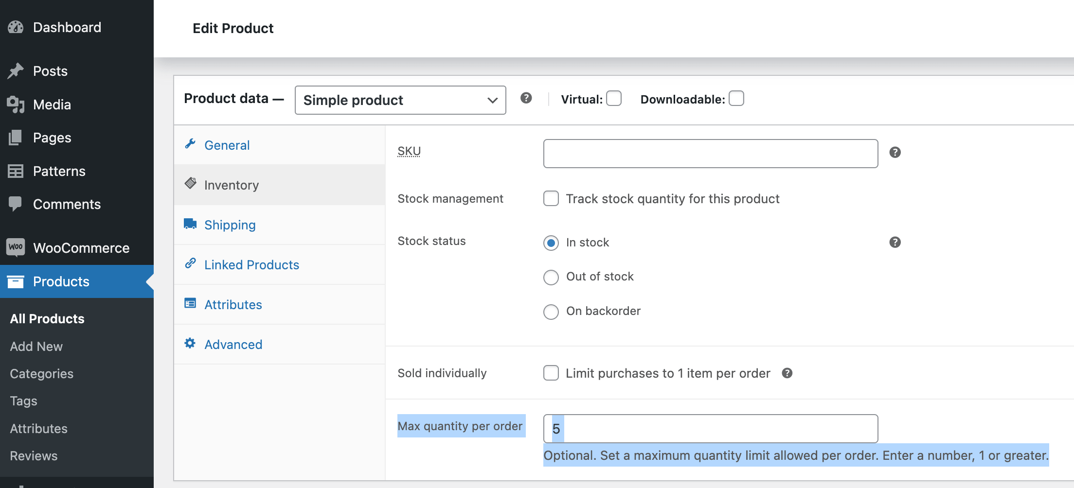 The individual product’s setting: It is labeled “Max quantity per order” and is found on the individual product edit screen, in the Product Data box, on the Inventory tab.