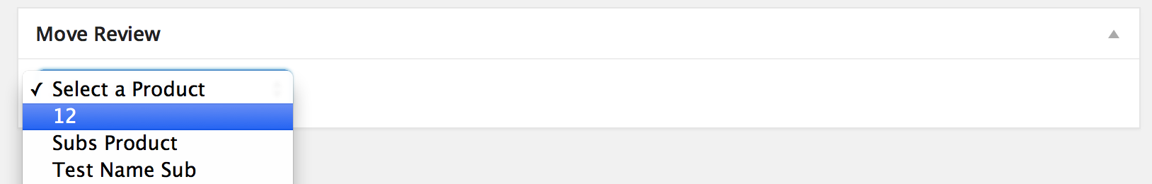 The metabox found on the **Edit Review** page where you can choose a different product to move the review to.