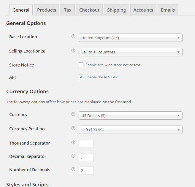 WooCommerce Backend Settings "Checkout" page.