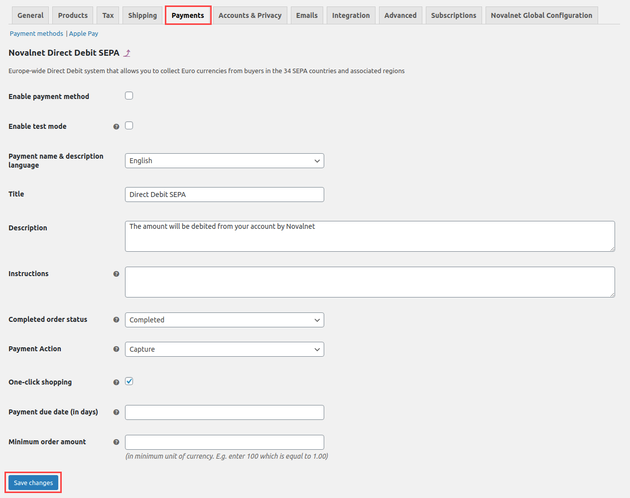 Novalnet individual payment (Direct Debit SEPA) configuration