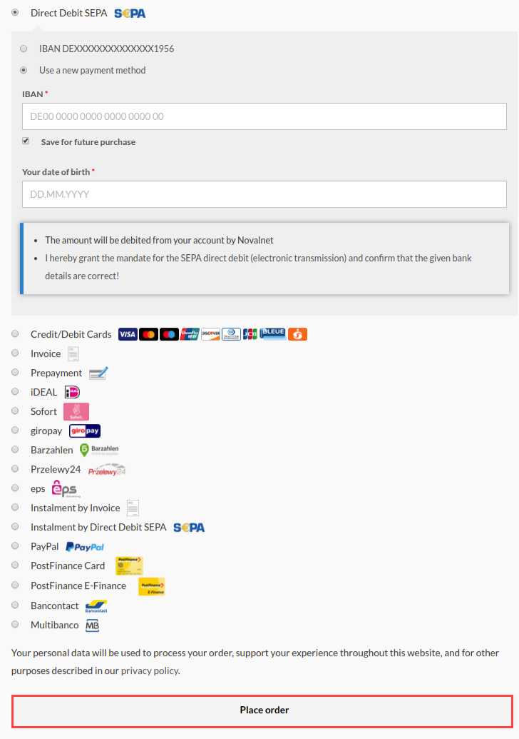 Novalnet payments are displayed in the checkout