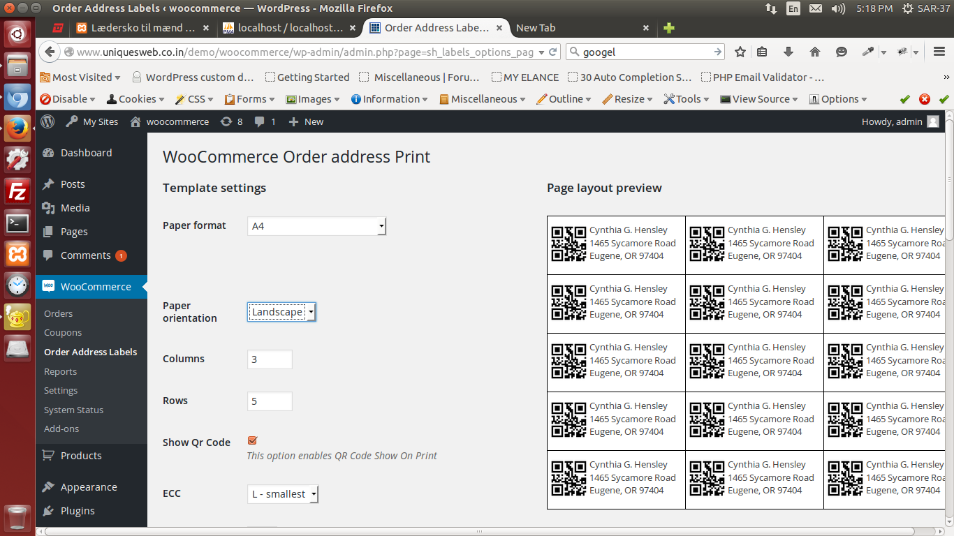 Woocommerce Order address Print Setting Page .