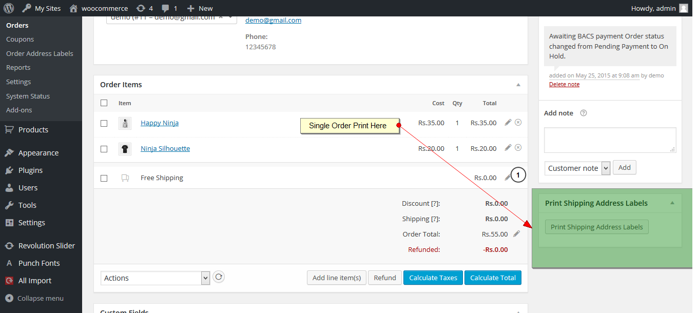 Woocommerce Order address Print Single Order print Setting