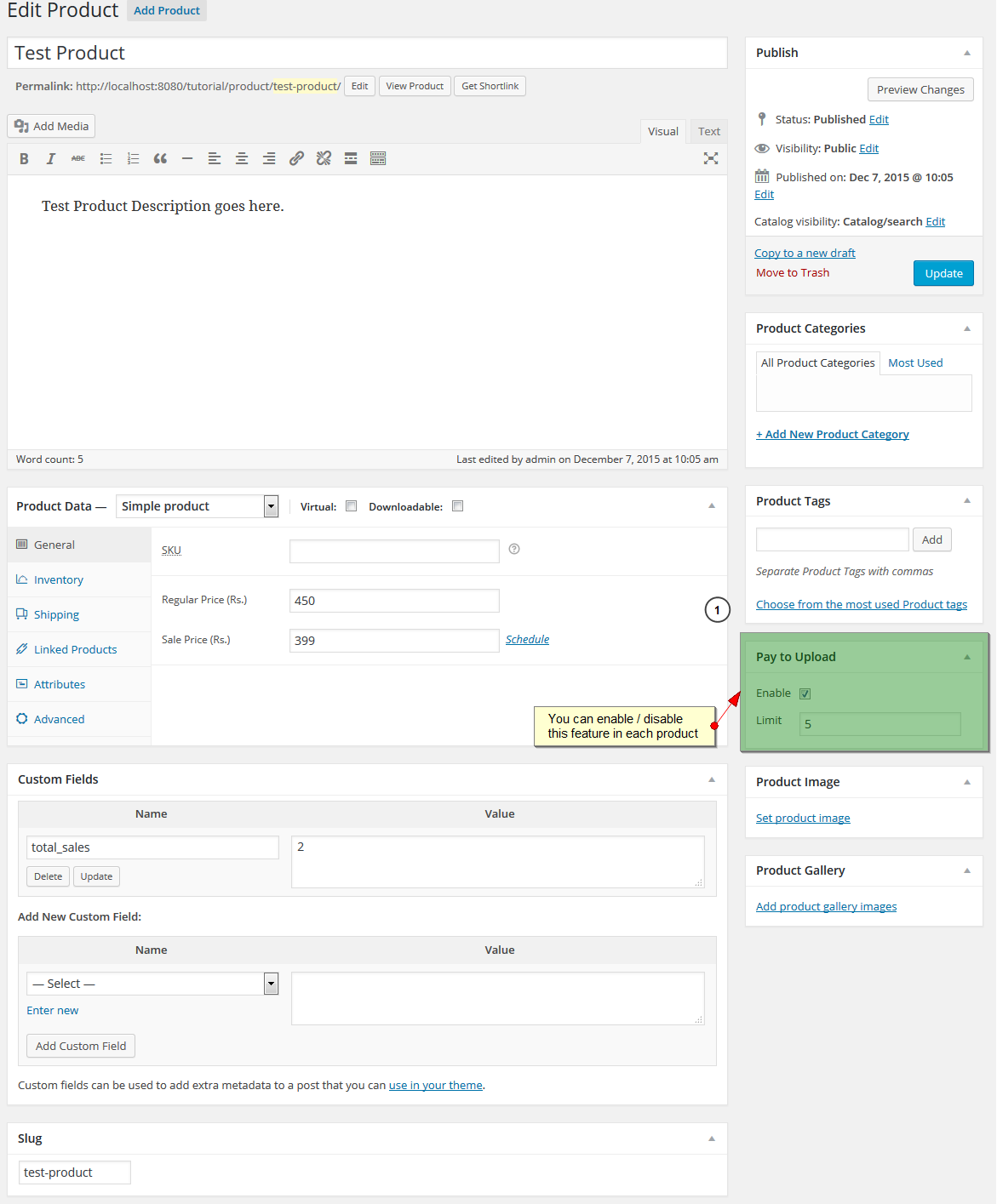 Woocommerce Pay To Upload - Configuring in the individual product page.