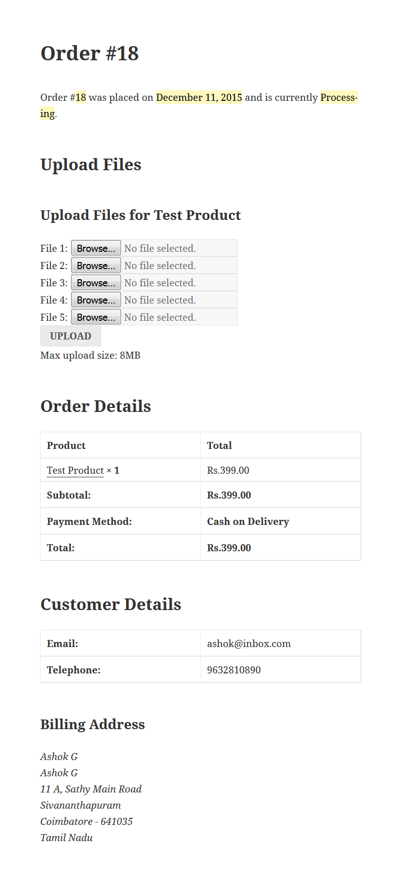 Woocommerce Pay To Upload - Detailed Order Page with file upload form.