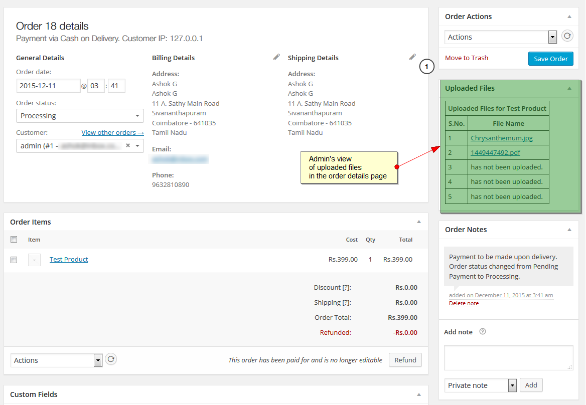Woocommerce Pay To Upload - Admin order view.