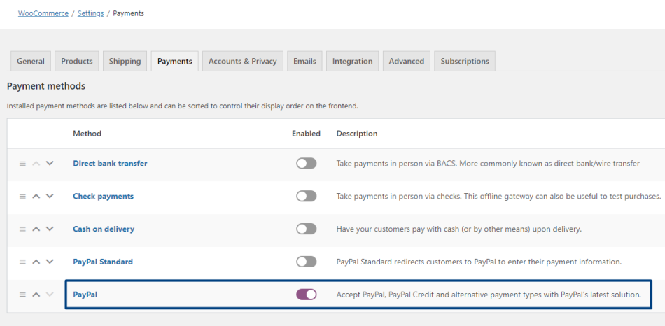 Enable "PayPal" on the Payment methods tab in WooCommerce.