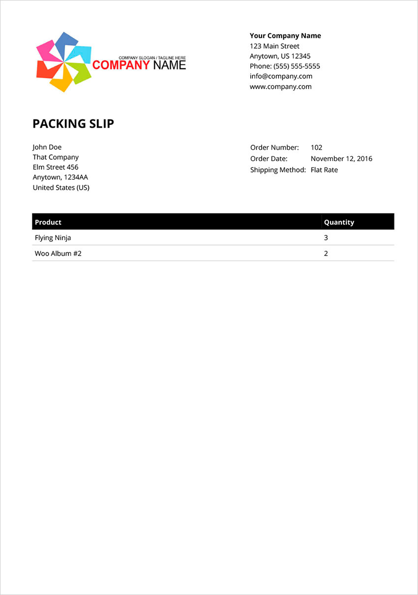 Simple packing slip PDF