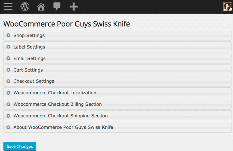 Settings Page WooCommerce Poor Guys Swiss Knife.