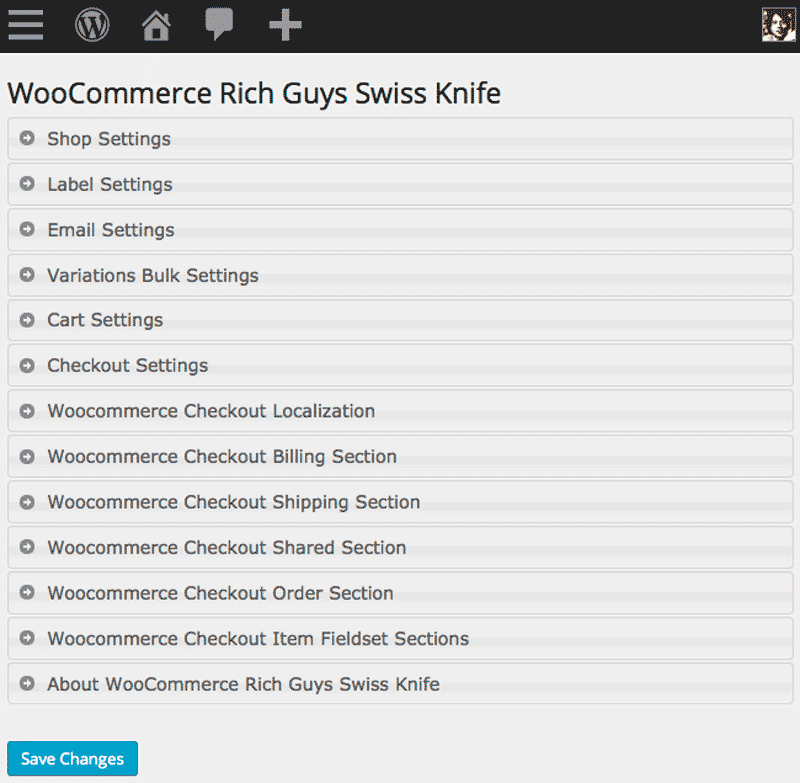 Settings page with WooCommerce Rich Guys Swiss Knife enabled
