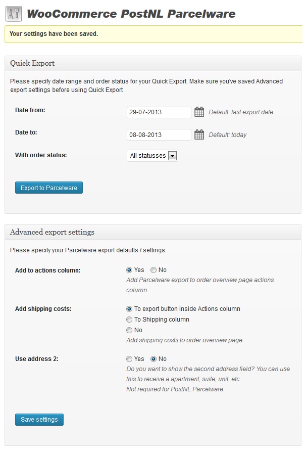 WooCommerce PostNL Parcelware Quick Export and settings