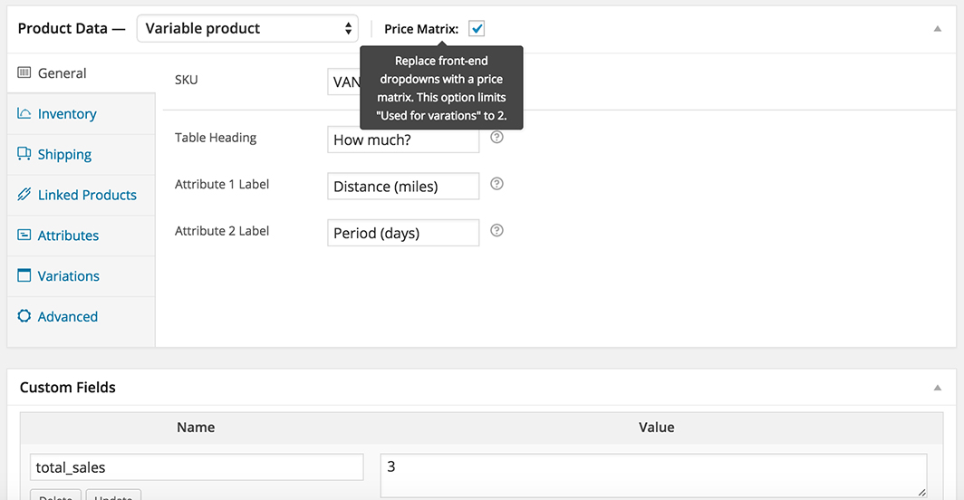 Tick the `Price Matrix` checkbox to enable the table, additional configuration options will appear on doing so.