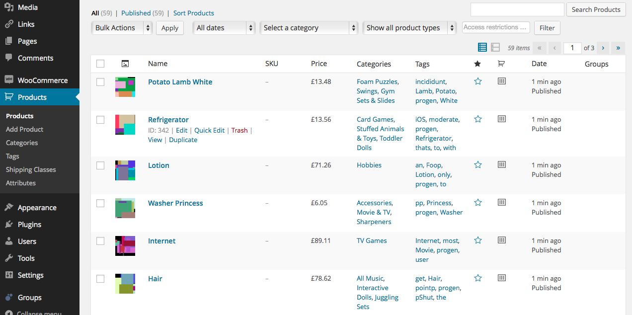 Some sample products generated.