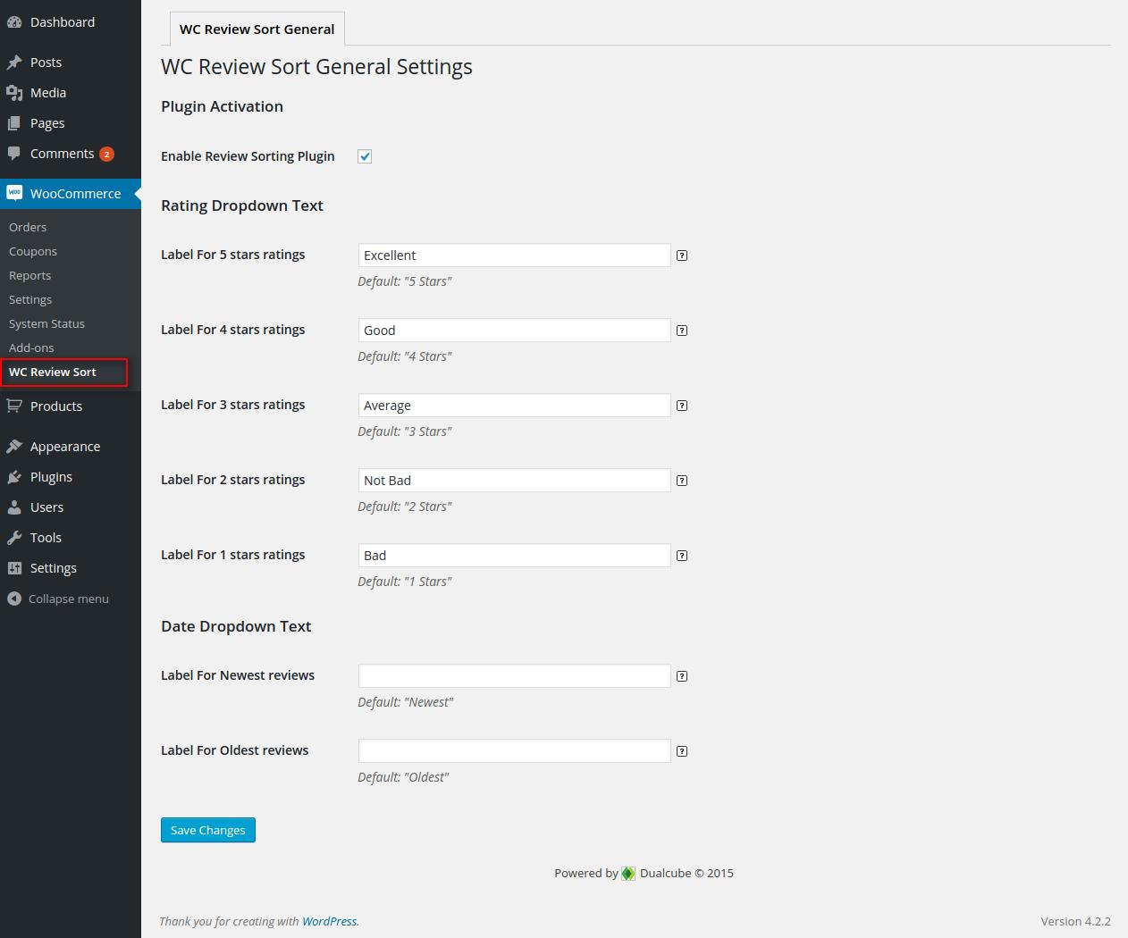 WC Review Sort Settings panel.