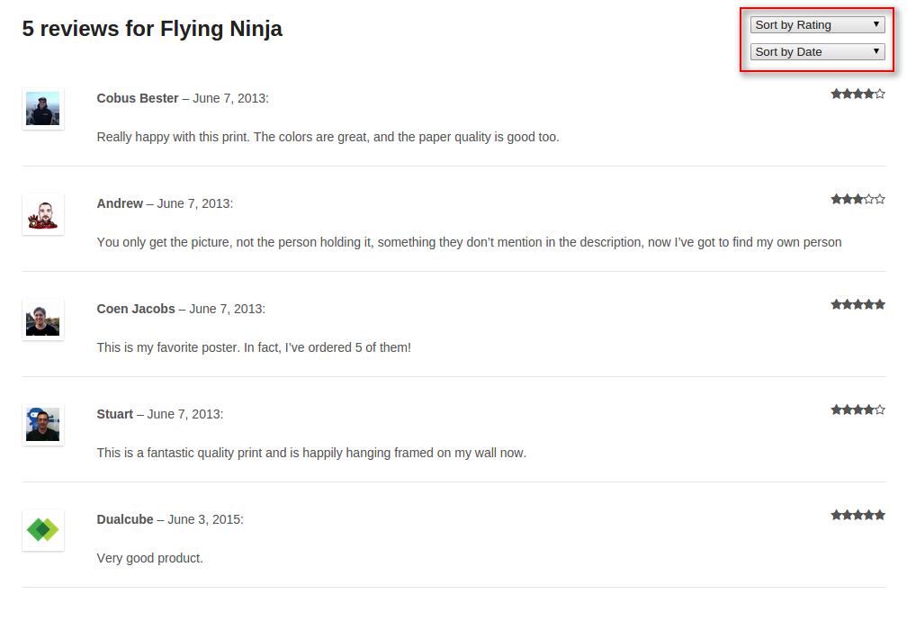 Product review sorting dropdown.