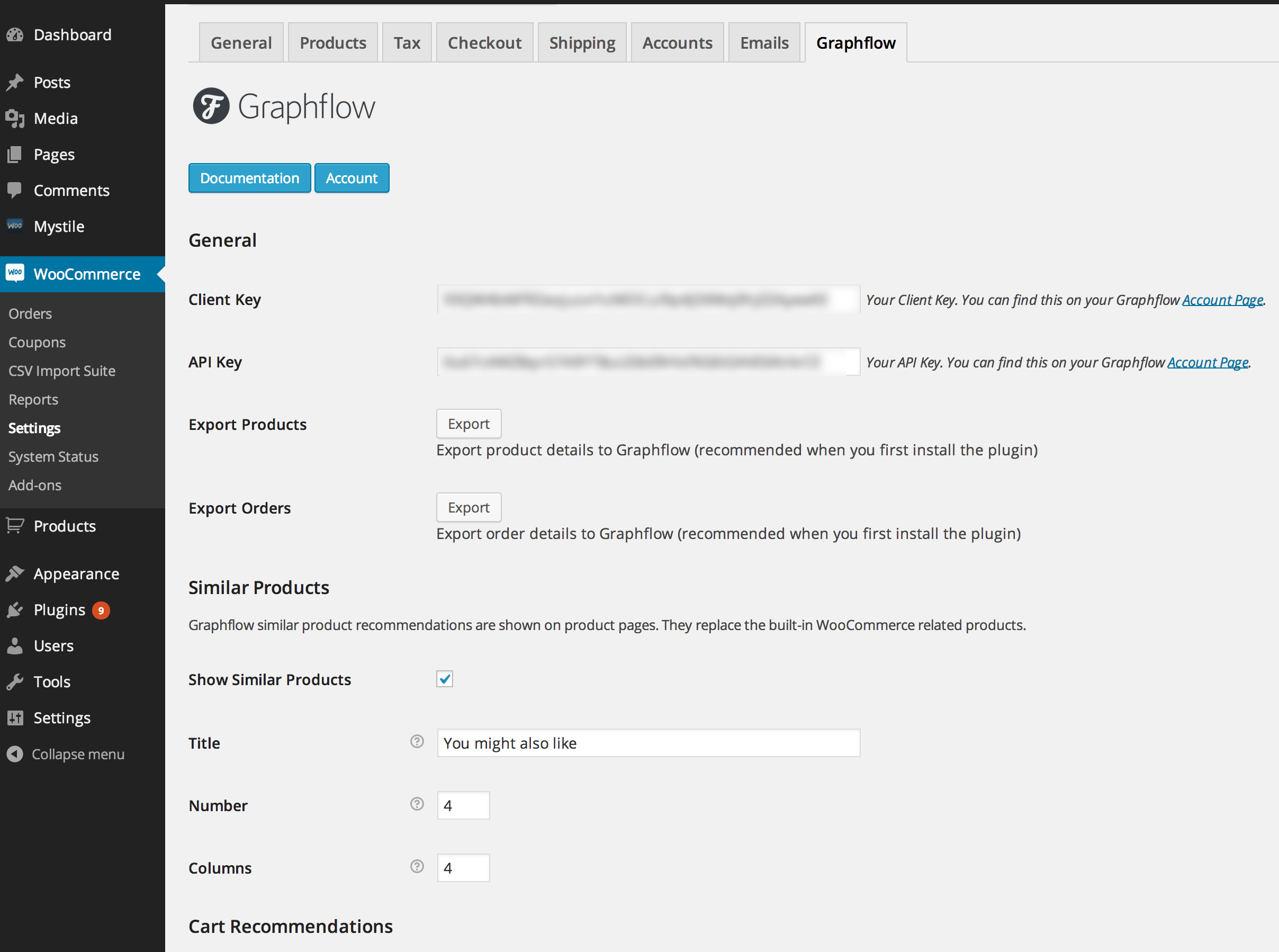 This shows the Graphflow Settings screen. You will need to enter your Client Key and API Key in the input boxes. You can use the `Export` buttons for exporting your product details and recent order history to Graphflow. The screenshot also shows the options available for Similar Products.
