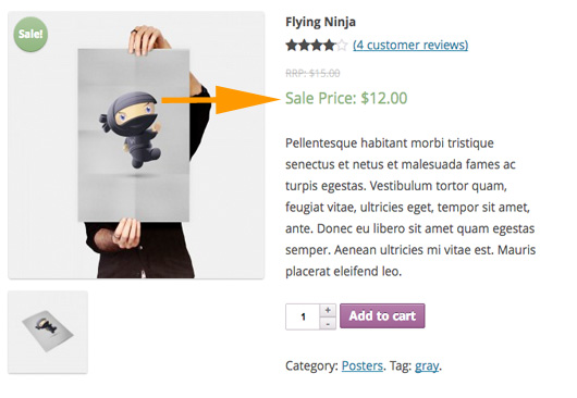 Here you can see the arrow pointing to the text displayed that you entered in the "Sale Price Text" field.