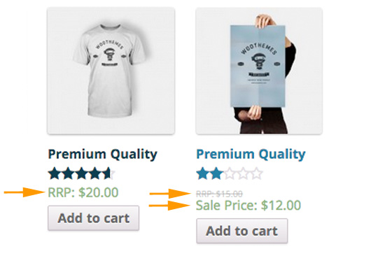 Here you can see the arrows pointing to the text entered in "Product Price Text" and "Sale Price Text" on an archive.