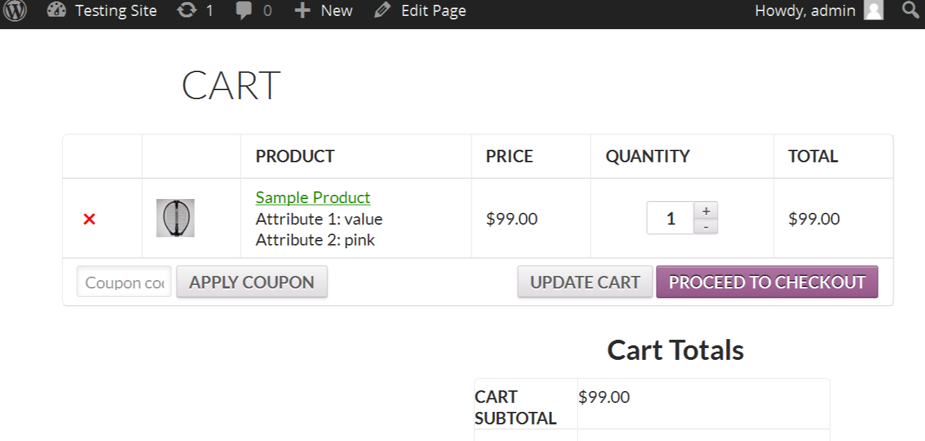 The attributes under the product name on the Cart page.