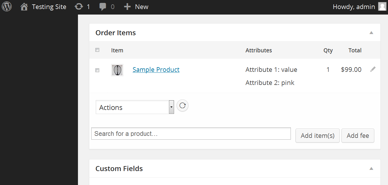 The attributes under the product name on the Edit Order page in the admin backend.