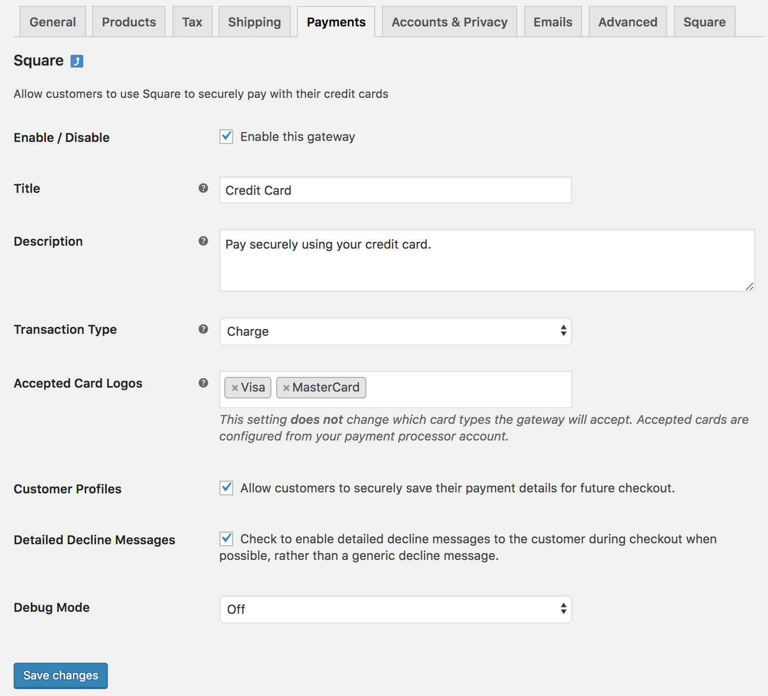 The payment gateway settings.