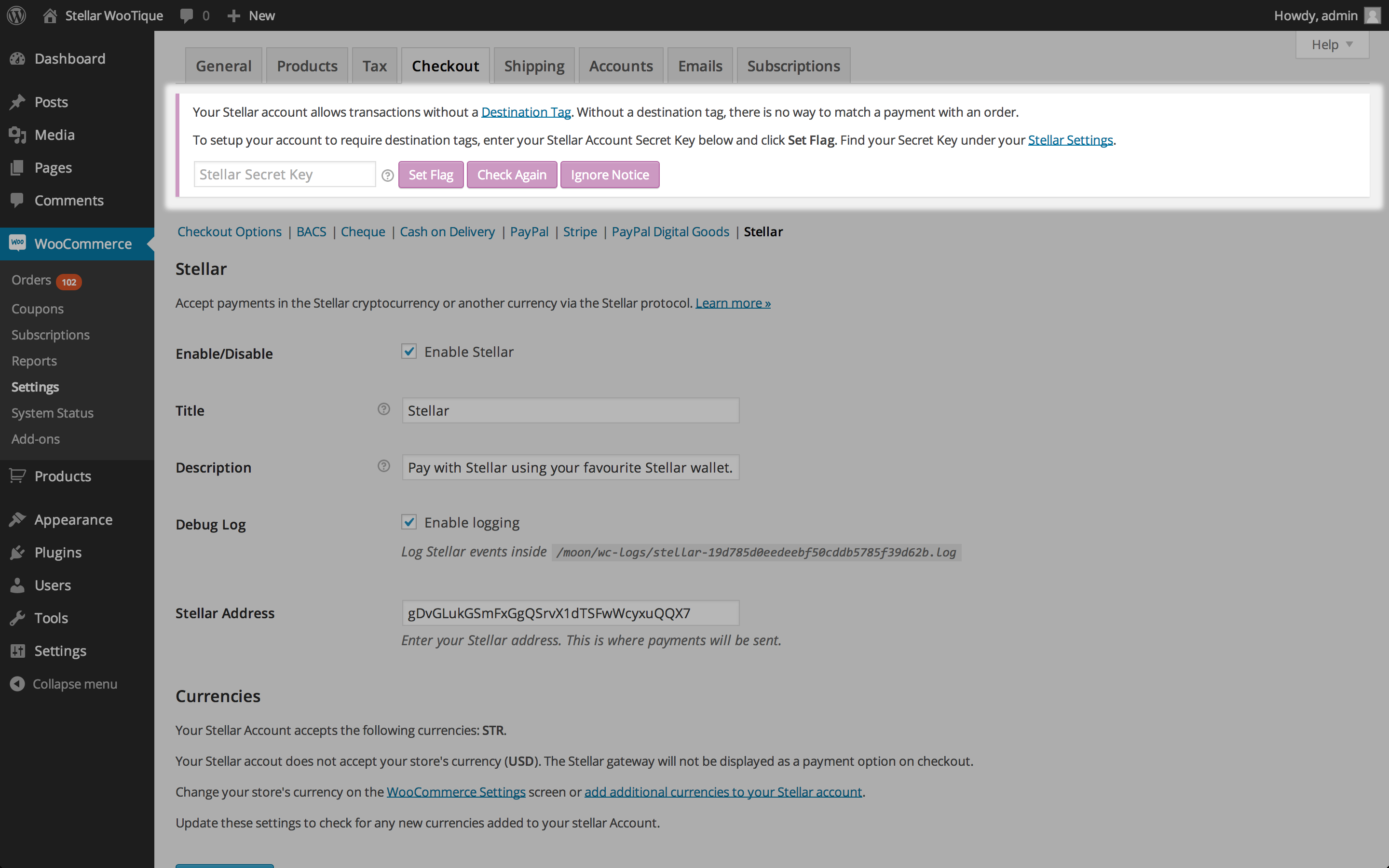Stellar WooCommerce Gateway Settings Screen with Destination Tag Notice