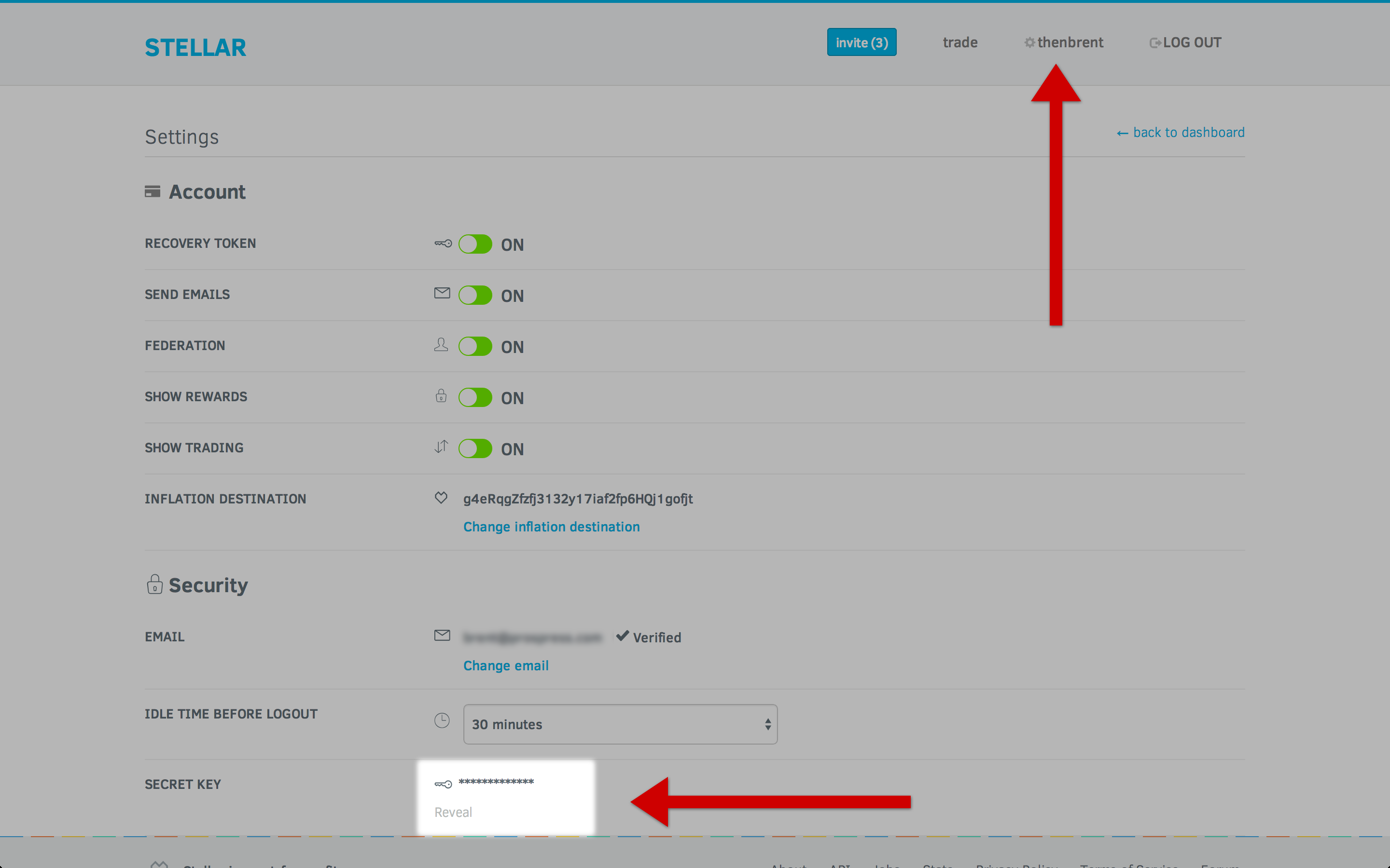 Stellar.org Settings Page with Secret Key