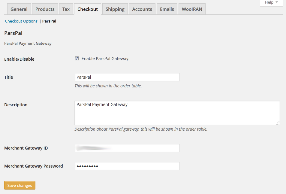 ParsPal payment gateway settings.