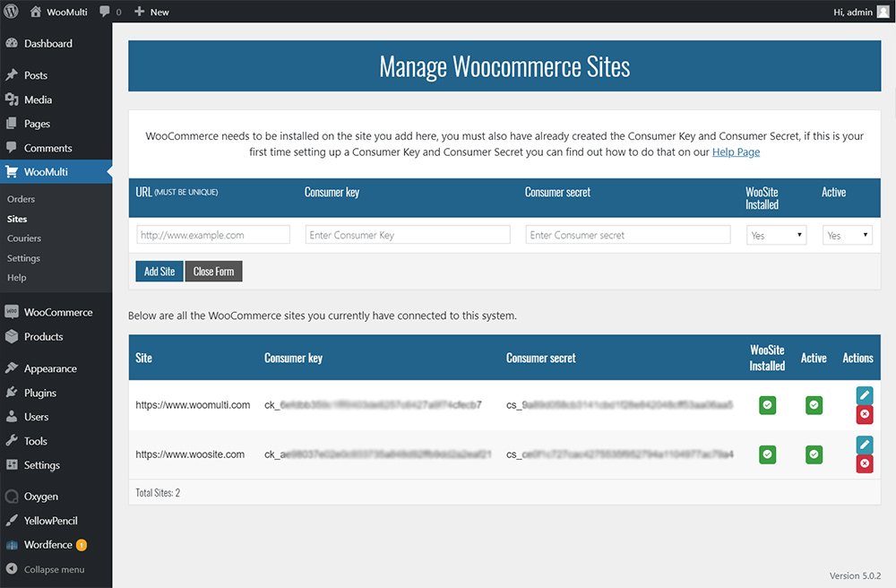 managing sites showing add site form