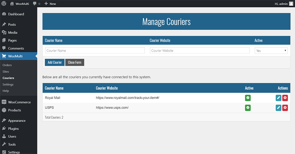 managing couriers showing add courier form