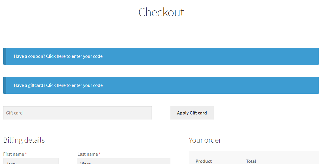 Online check out for gift card